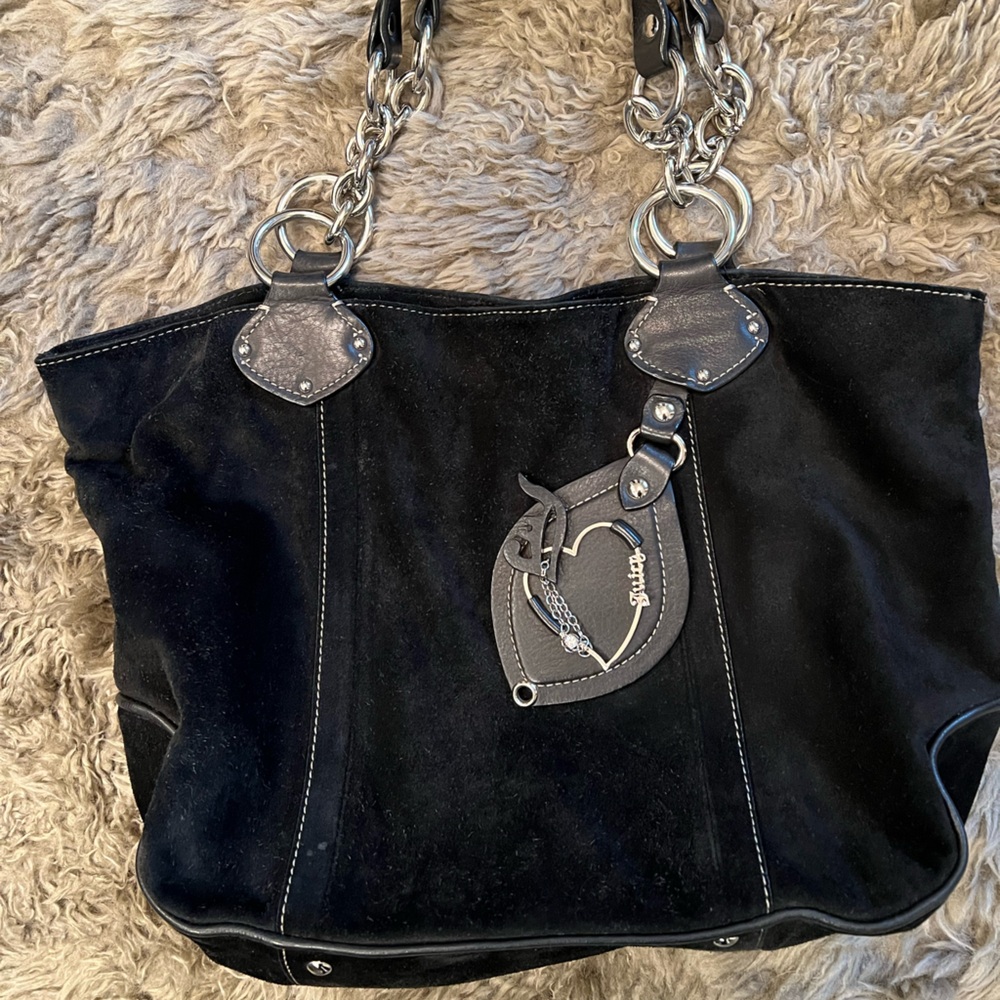 Black Suede Juicy Couture Handbag with Silver Chain Accents